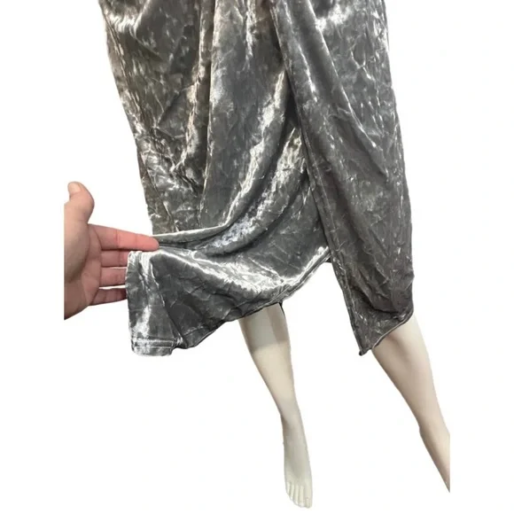 Silver Stretch Crushed Velvet Cocktail Party Midi Dress Ruched Waist, Sz12 - Picture 4 of 12